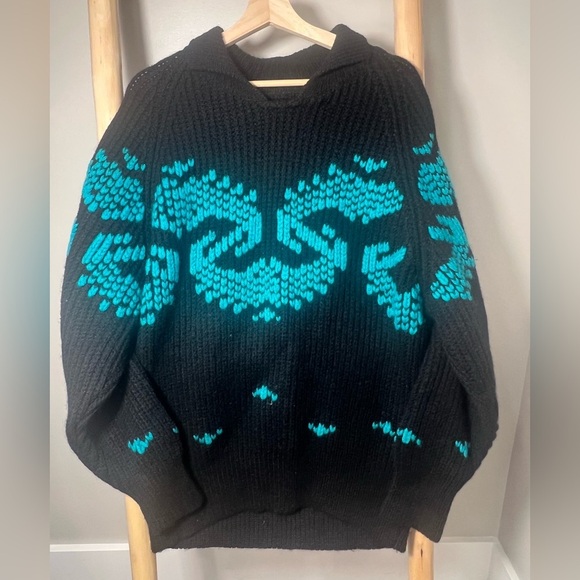 ESPRIT 80 Vintage 100% Wool chunky knit Oversized Sweater Collared Black/Teal - Picture 1 of 11
